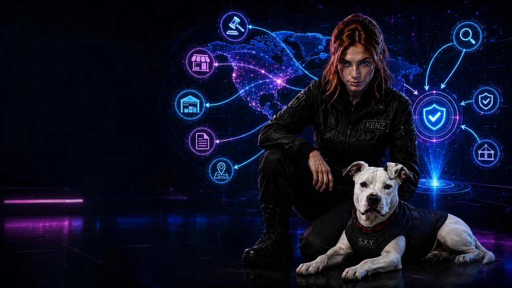 KENZ beside S.K.Y., the white guardian dog wearing a dark K-9 jacket
